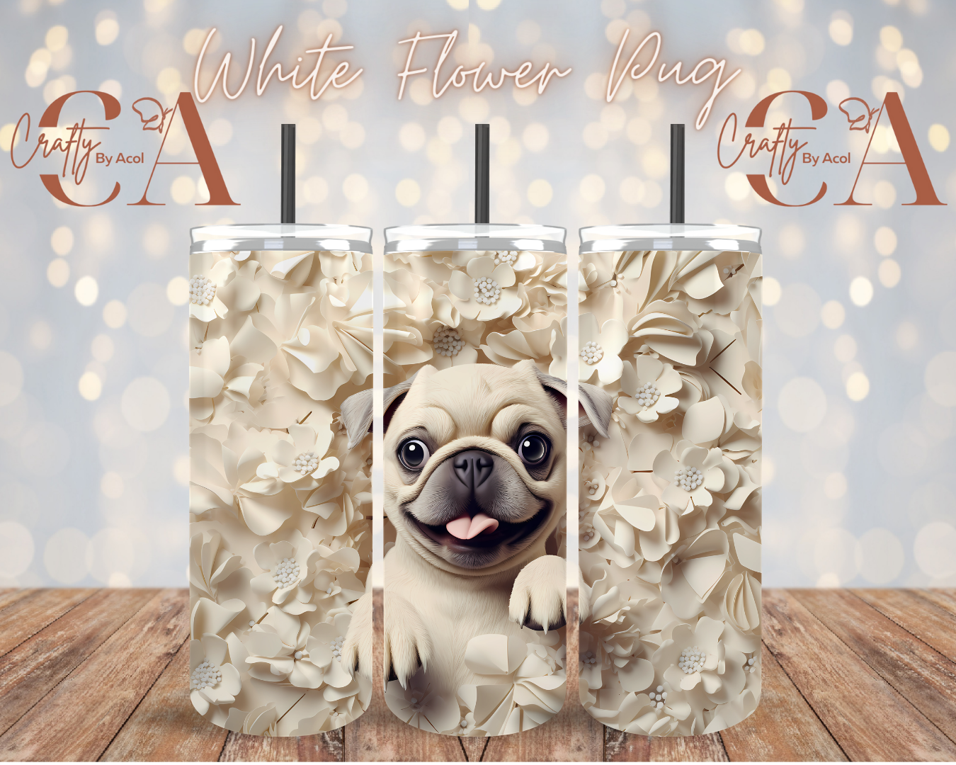 White flower Pug 3d Vinyl Can Wrap