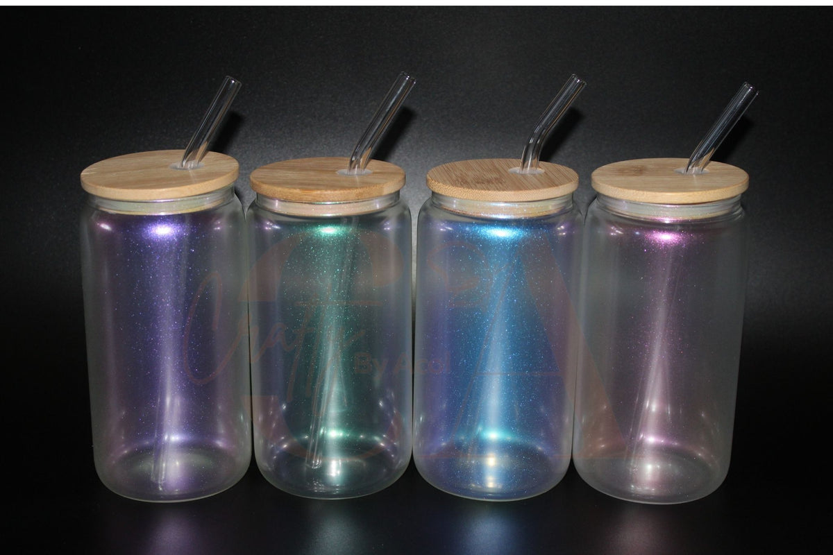 16 oz Iridescent Glass Tumbler with Bamboo Lid for Sublimation Pink