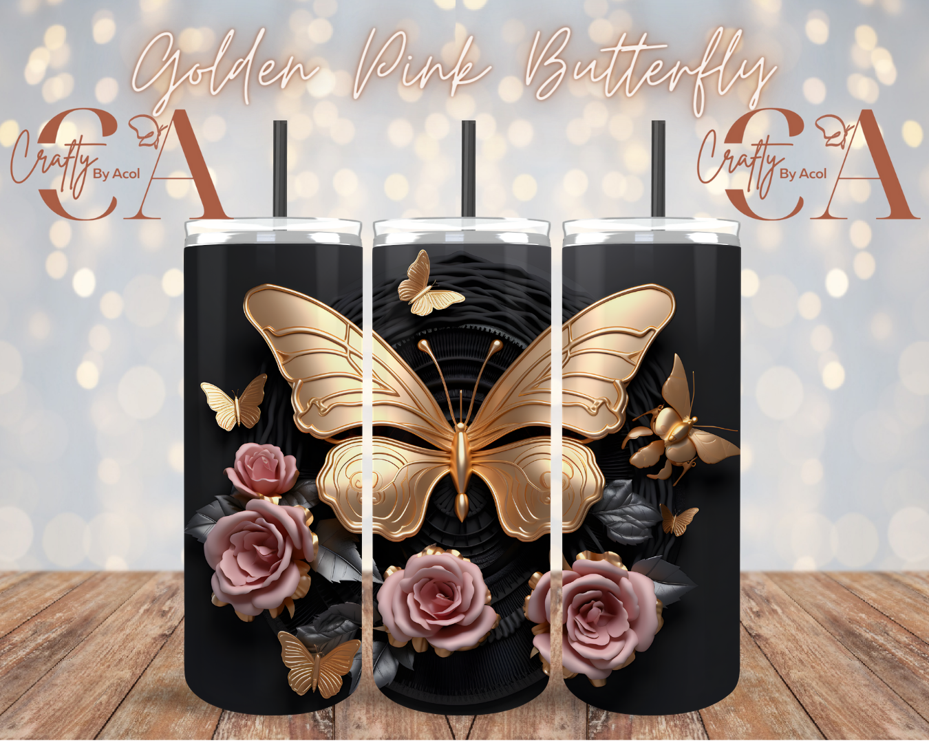 Golden Pink Butterfly 3d  Vinyl Can Wrap