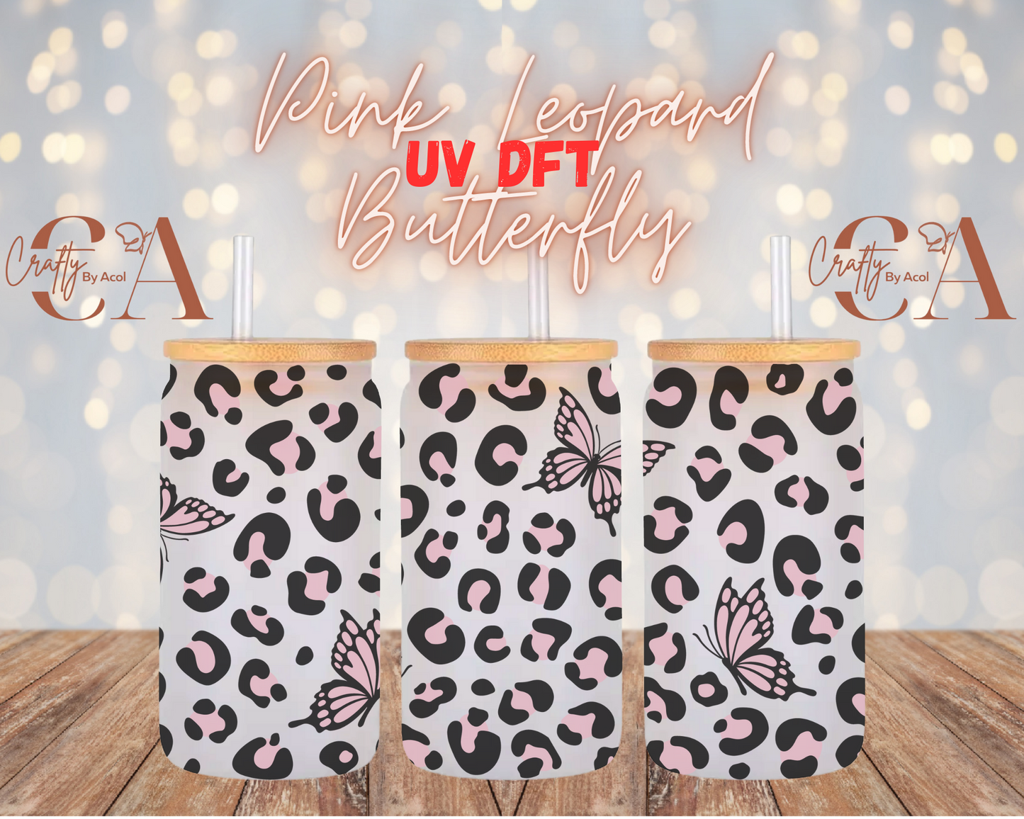 Pink Leopard Butterfly Heart UV DFT Cup Wrap